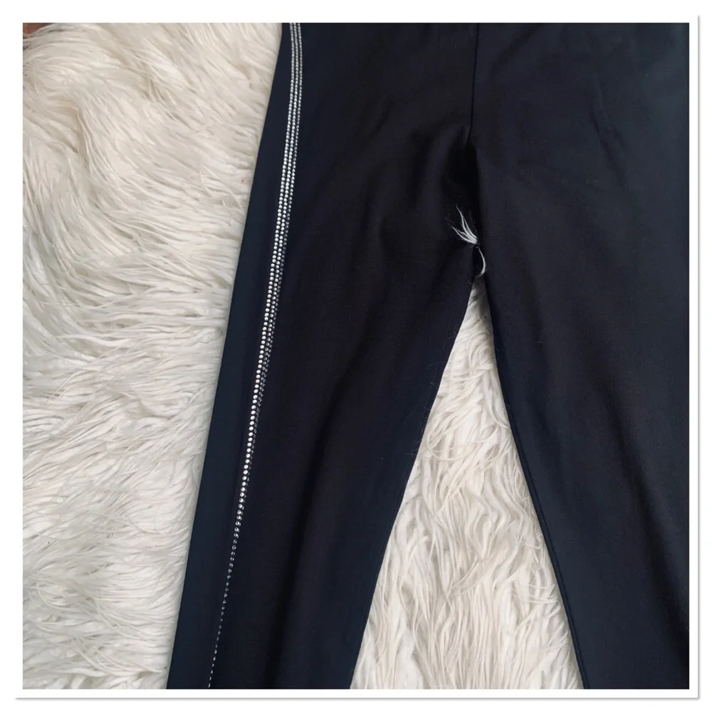 NWT Tricotto Rhinestone Side Stripe Leggings Black Silver Size Medium